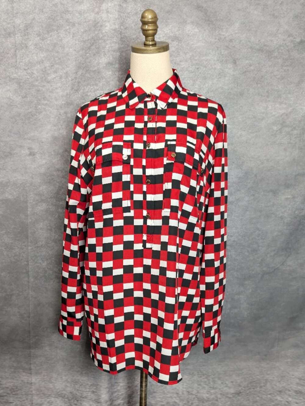 Michael Kors Geometric Checkerboard Blouse Size L Red White Black Shirt Career